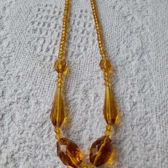 Vintage Yellow Amber Glass Bead Necklace Art Deco Choker Faceted 17.5" - Picture 11 of 14